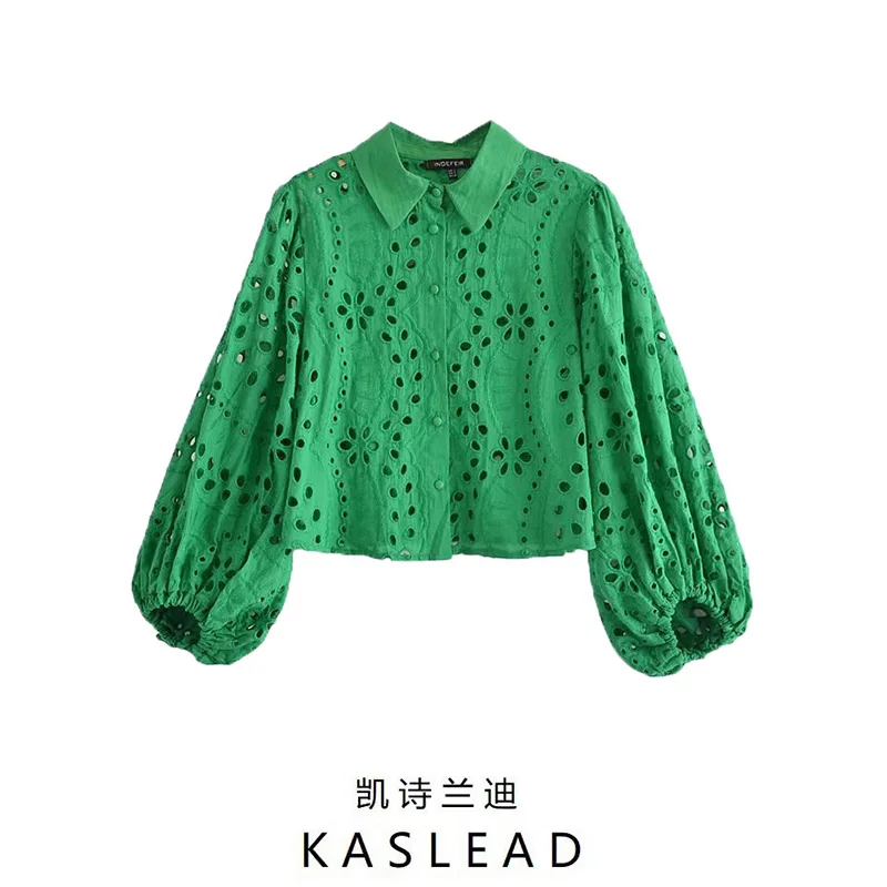

Women's Lapel Hollow Embroidered Shirt Cotton Casual Lantern Sleeve Short Top Female Long Sleeve Green Loose Buttoned Blouses