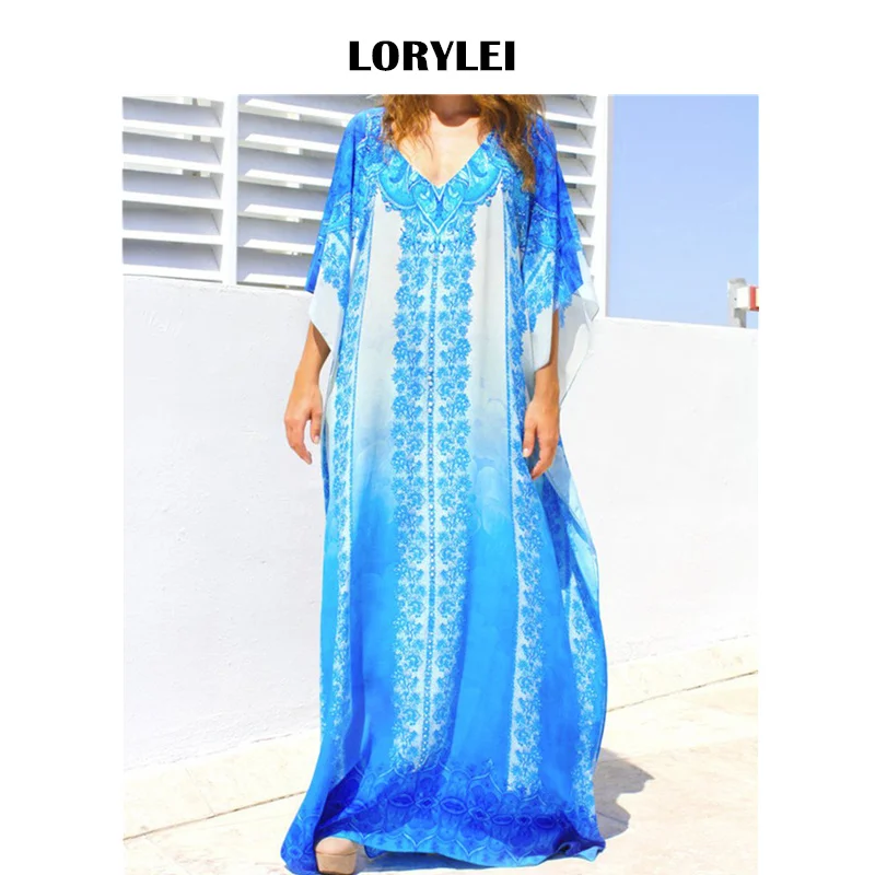 Синий кафтан пляжная хлопковая накидка 2021 Летняя женская одежда Туника оверсайз