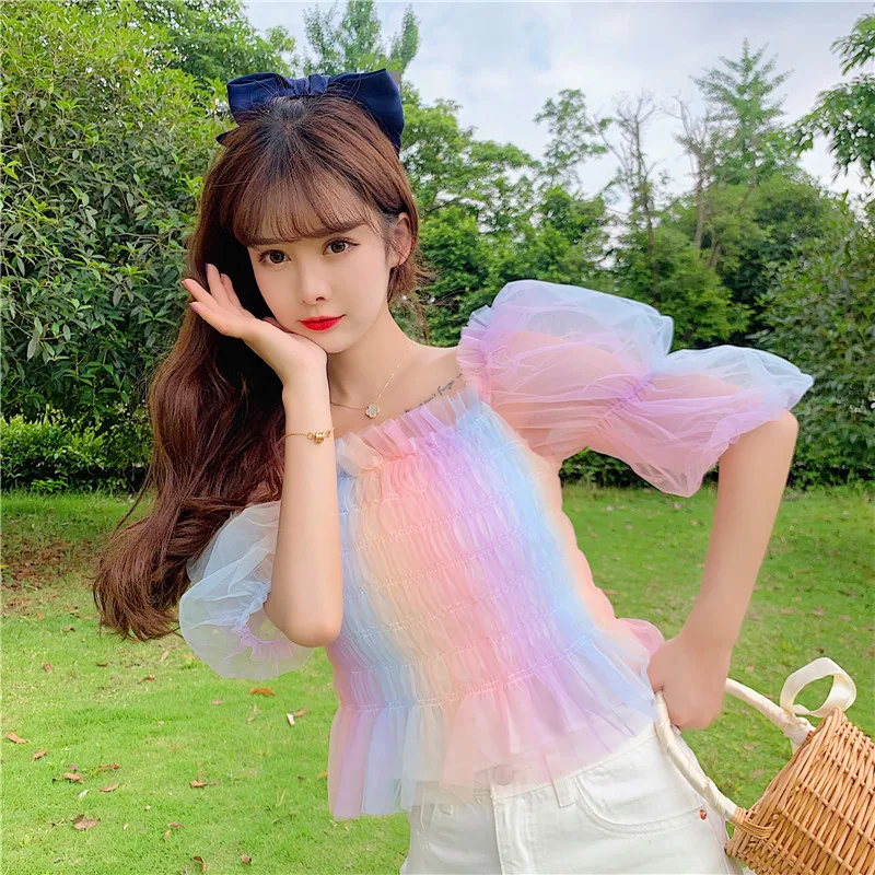 Striped Rainbow Stretchy Shirt Summer Sweet Ruffles Slash Neck Cropped Blouses Women Mesh Crop Tops For Girls |