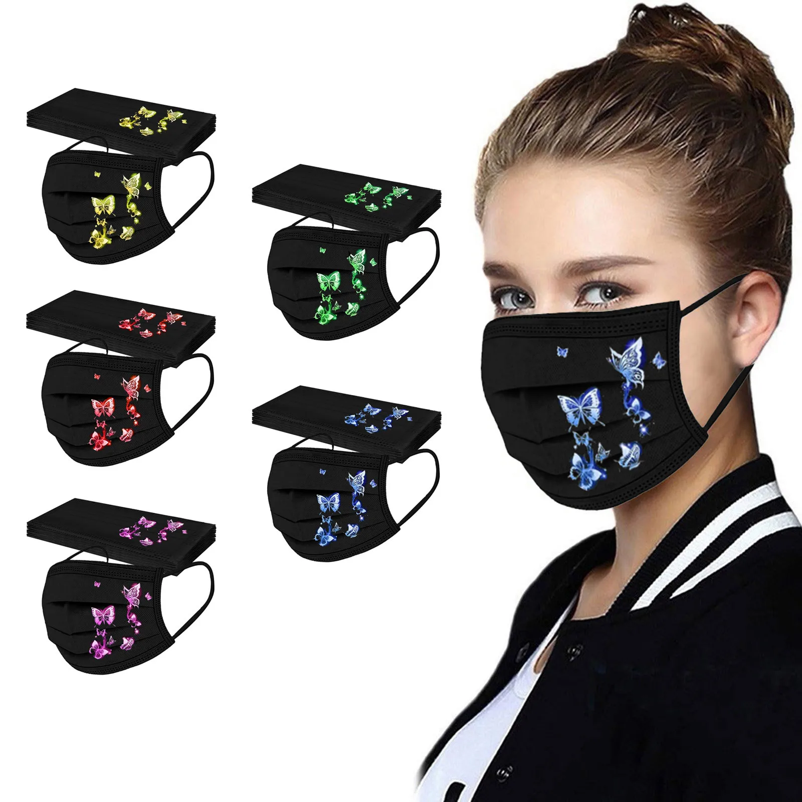 

50PC Adult'S Butterfly Printed Mask Disposable Protective Face Masks Reusable and Washable Masks Mascarillas Cute Black mask#30