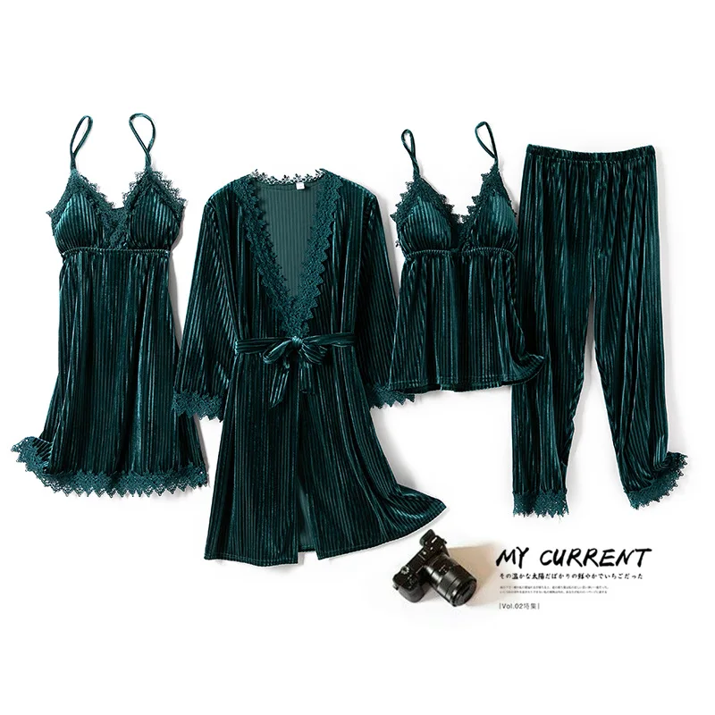 

Green Winter Velour Pyjamas Sets 4PCS Sexy Lace Patchwork Sleepwear Lady Full Sleeve Warm Nightwear Long Pants With Chest Pads