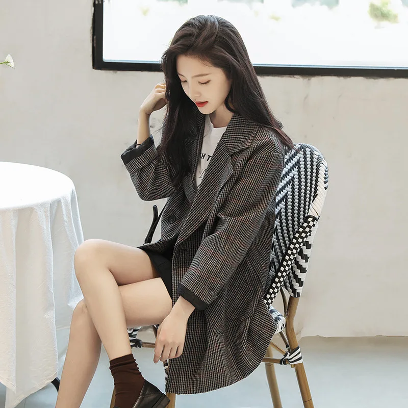 Women 2019 FW Double Breasted Plaid Tweed Blazer and Jacket | Женская одежда