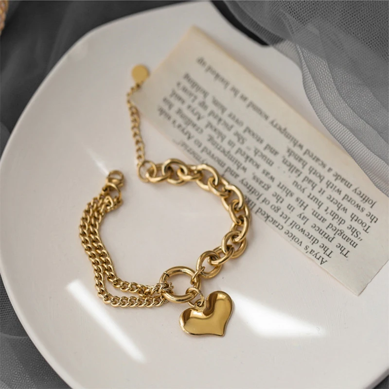 

MEYRROYU Stainless Steel Gold Color Heart Bracelets Vintage Thick Chain Pulseira 2021 New For Women Fashion Gift Party Jewelry