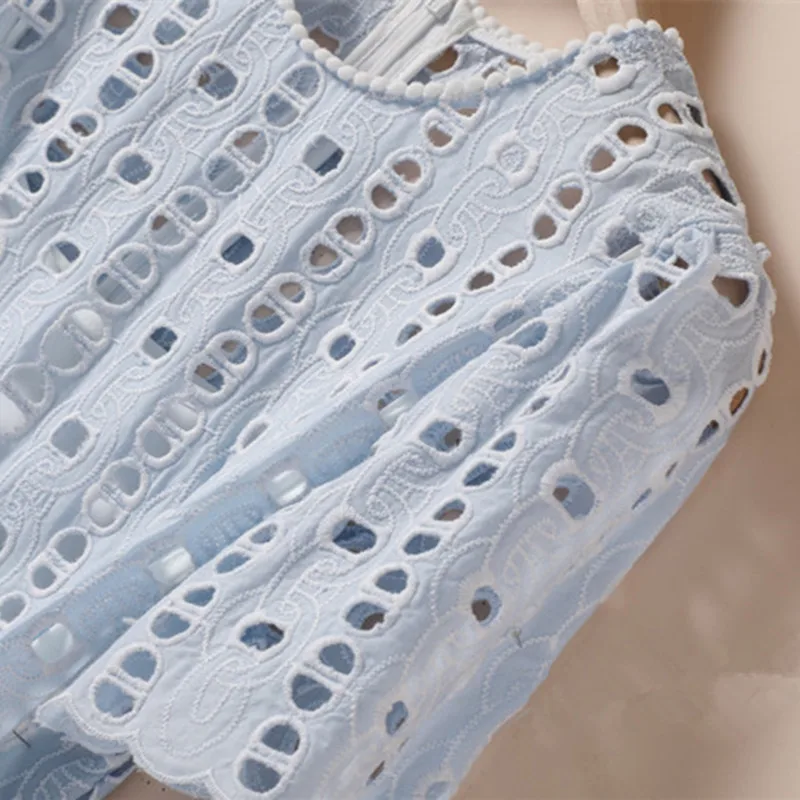 

Runway Summer Circle Hollow Out Embroidery Dress Women Cotton Lace O-neck Short Sleeve Party Dress Female Elegant Mini Dress N