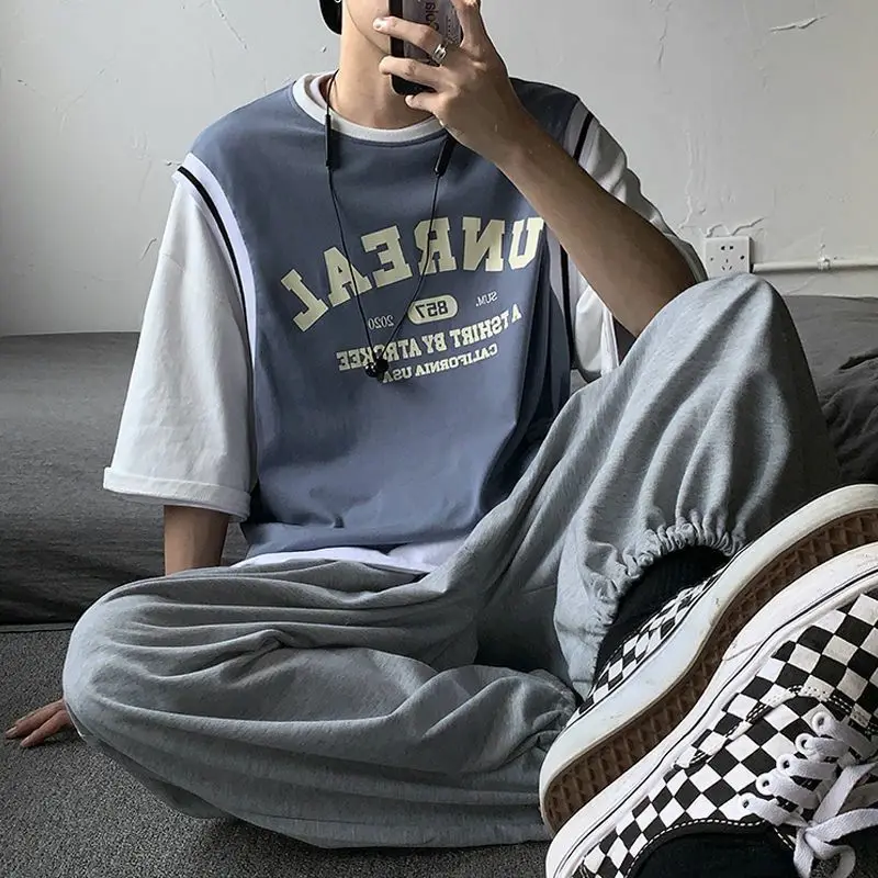 

Summer fake two-piece short-sleeved T-shirt for men women Korean loose half-sleeved shirts student unisex hip-hop sports tops