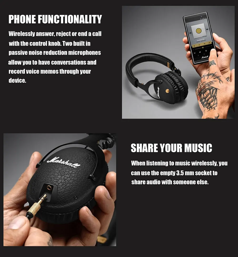 Беспроводные наушники MARSHALL Monitor с Bluetooth, наушники Rock Bass, оригинальные складные Накладные наушники черного цвета