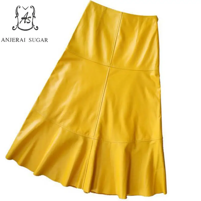 

Autumn winter Genuine leather skirts womens yellow High waist Splicing sheepskin dermis OL office A line Super Long Horn Skirt