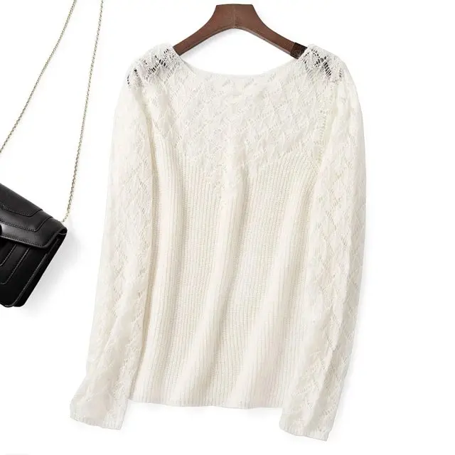 

Mohair Wool Hollow Patchwork Long Sleeve Pullover Pullover-Ladies White/Black/Green/Pink Solid Color Top woman sweaters