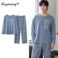 korean minimilist style men pajamas set long sleeve long pants cotton sleepwear for boy leisure mens pijamas fashion homesuits