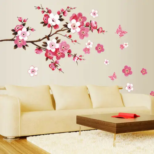 

46cmX65cm PVC Wall Stickers Peach Blossom Flower Butterfly Tree Wall Stickers Art Decal Home Decor