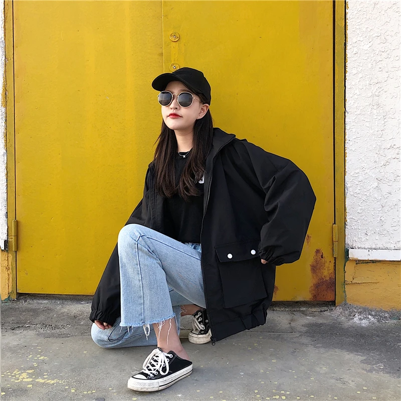 Куртка женская весна и осень Корейская версия оснастки Harajuku Свободная куртка Студенческая с капюшоном порт ветер бейсбол одежда