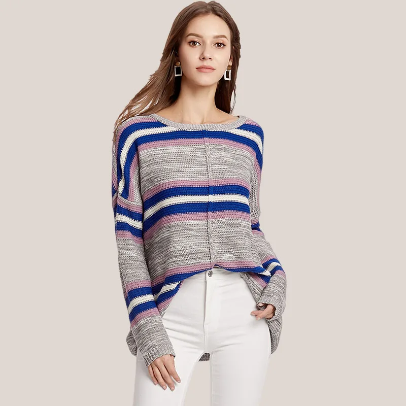 

JIALI Spring Autumn Striped Sweater Women Pullover O-Neck Long Sleeve Loose Knitted Casual Fashion Ladies Clothing Trendy Top