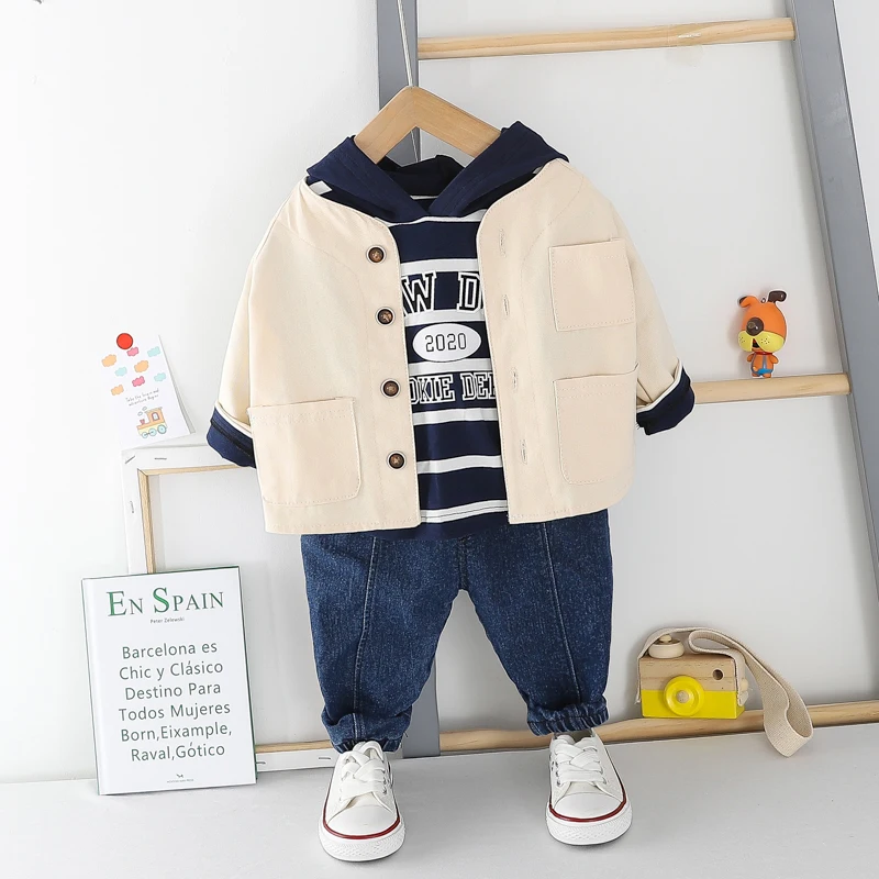 HYLKIDHUOSE Toddler Infant Clothing Sets 2020 Spring Baby Boys Casual Clothes Stripe Hooded T Shirt Coats Jeans 3-piece Set |
