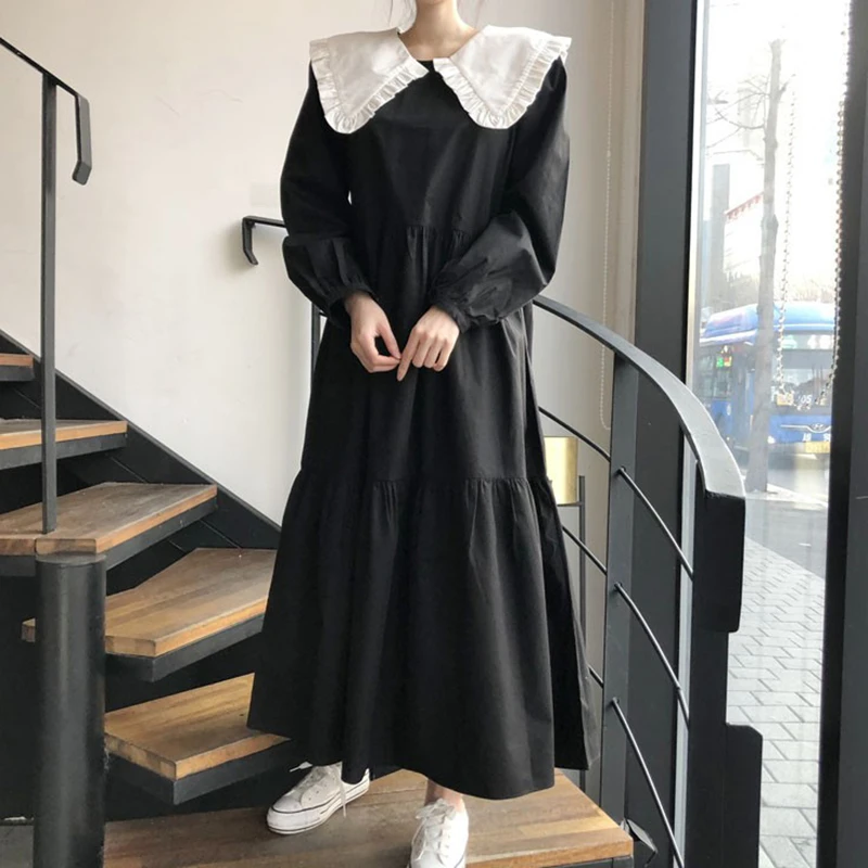 

Hanchic soft blue doll collar wood ear bump stitching belt waist long-sleeved dress long skirt girl dresses for women party