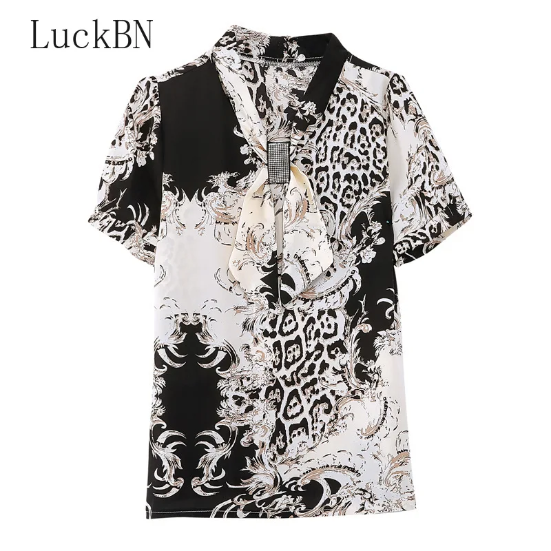 

2021 Summer Blouses Large Size Ribbon Printed V-neck Chiffon Shirt Women's Short Sleeve Loose Leopard Print Shirt Fashion Top