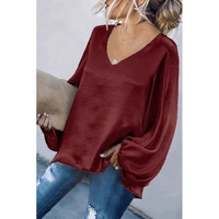 t shirt for women long sleeved loose v neck solid color top t shirt lantern long sleeve ladies blouse woman tshirts