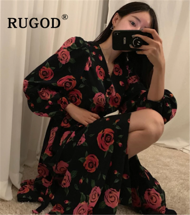 Женское платье с цветочным принтом RUGOD длинное винтажное однобортное на шнуровке