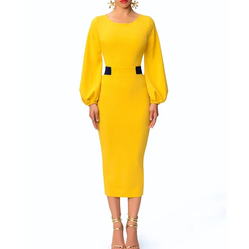 Женское облегающее платье с круглым вырезом и длинным рукавом офисное