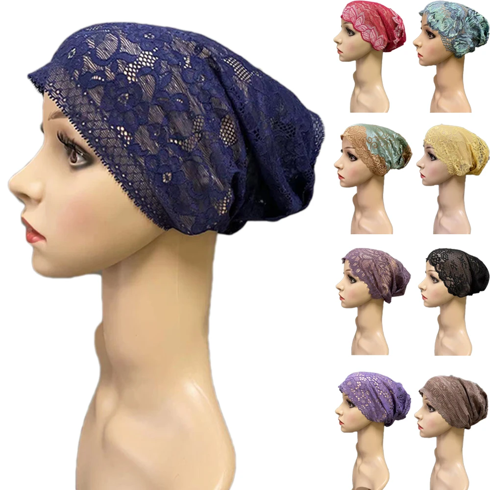 Мусульманская Underscarf полное покрытие кружевное платье с цветочным рисунком шляпа