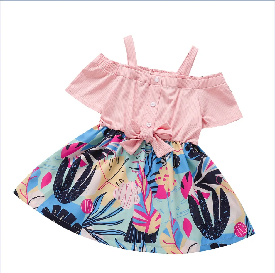 

2021 New Arrivals Girls Summer Style Short Sleeve Slash Neck Button Patchwork Print Cute A-Line Girl Streetwear Dress 18M-6T