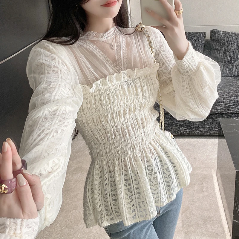 Женская шифоновая блузка с длинным рукавом Весенняя кружевная винтажная высокой