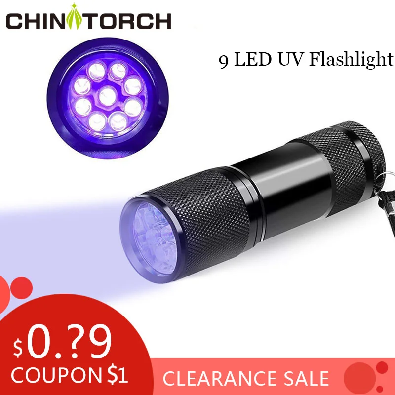 УФ светильник ультра фиолетовый черный 9 LED мини фонарик из алюминия AAA детектор