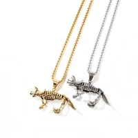vintage triceratops dinosaur skeleton pendant necklace stainless steel chain punk jewelry for men