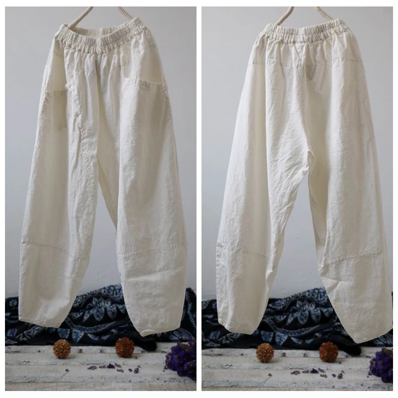 

Johnature Women Linen Elastic Waist Loose Pants Retro Solid Color Ladies Plus Size 2021 Spring New Vintage Pockets Harem Pants