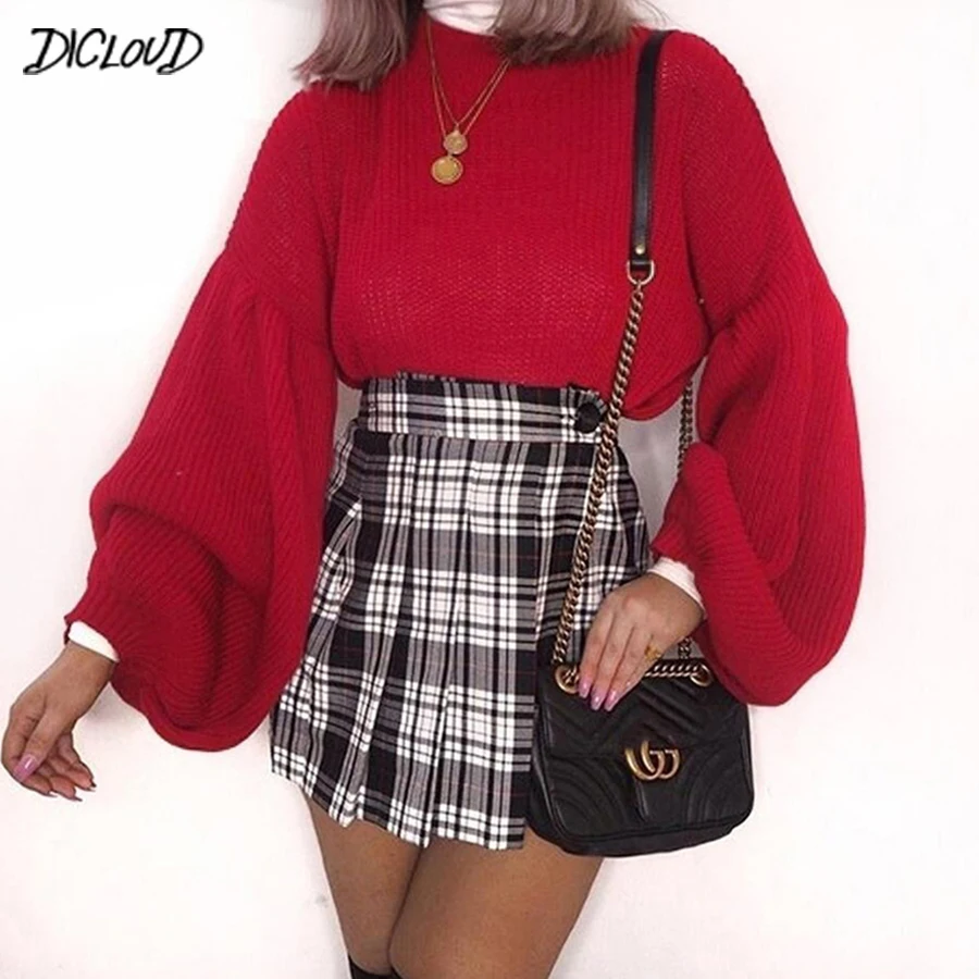 DICLOUD, модный свитер с пышными рукавами,, Harajuku, Одноцветный, свободный, вязанный Топ, для женщин, Harajuku, Повседневный, Круглый ворот, черный, свитера
