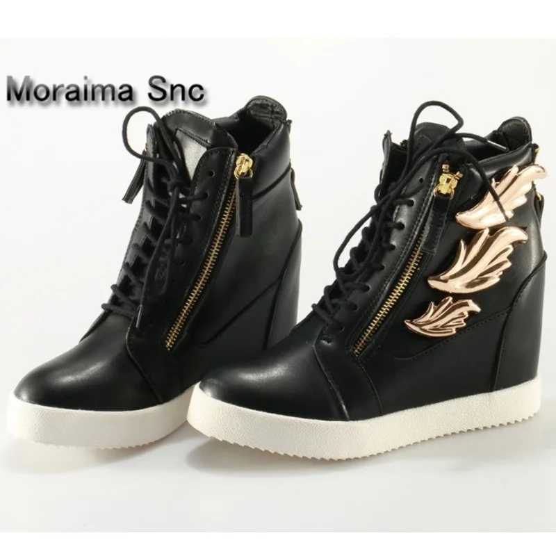 

Moraima Snc Women Ankle Boots Lace Up Shoes Back Zip Height Increasing Women Shoes Gold Leaves Decor Sneakers Shoes high quality