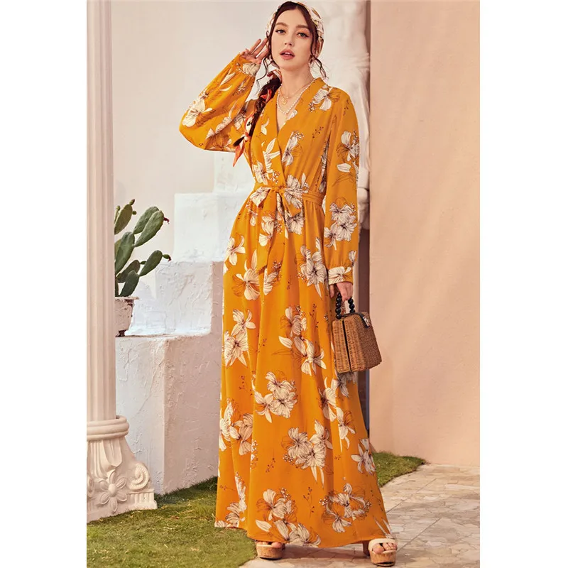 

Fashion Flower Printed Women Long Maxi Dress V Neck Dresses Abaya Turkish Kaftan Holiday Evening Party Gown Vestidos Clothing
