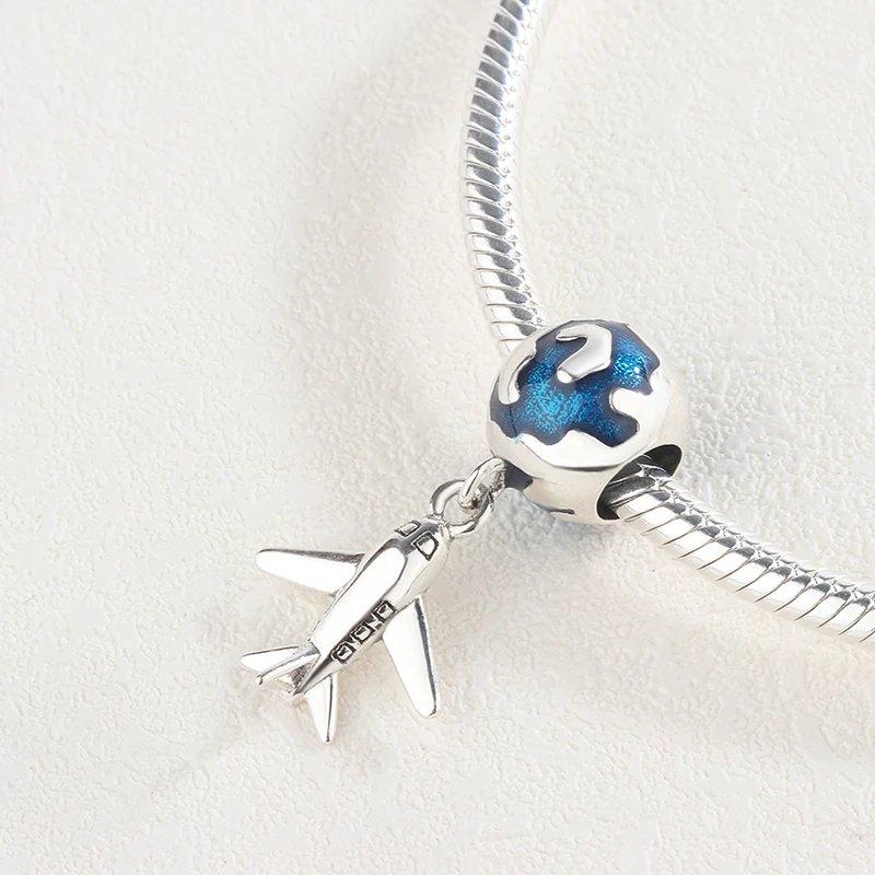 

Oneyida Factory 100% 925 Sterling Silver Blue Earth Airplane Dangle Charms Fit European Bracelet Necklace Fashion Women Jewelry