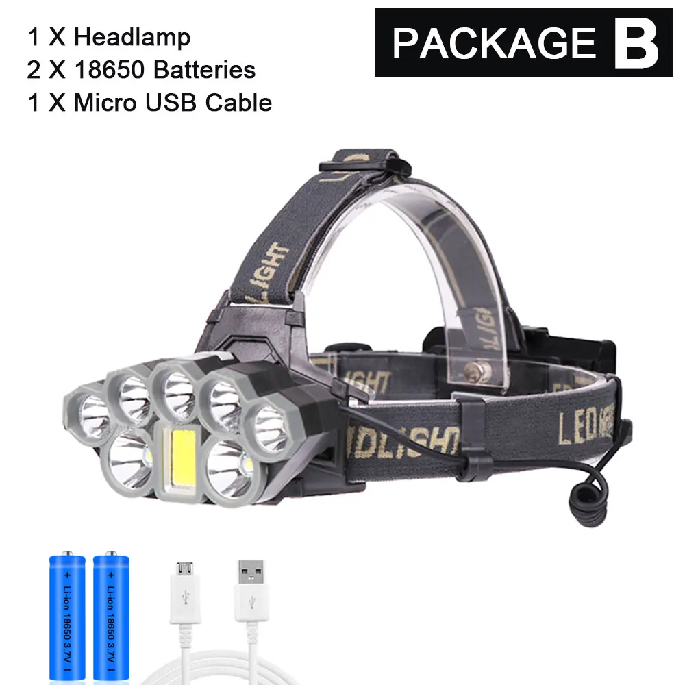 Package B Супер яркий 8 светодиодный налобный фонарь 2* T6+ 5* Q5+ COB светодиодный Перезаряжаемые светодиодный налобный фонарь 18650 Батарея Мощный USB Зарядное устройство фар - Испускаемый цвет: Package B