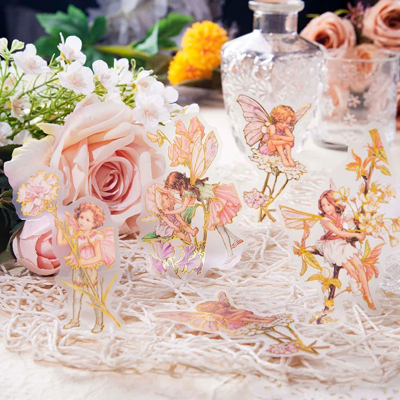 

MOHAMM 10 PCS Vintage PET Waterproof Durable Assorted Color Gold Foil Bright Flower Stickers for Art Crafts Diary