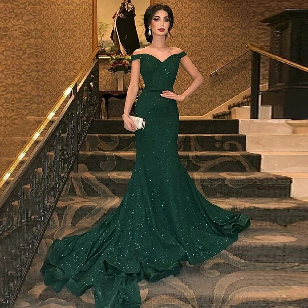 

Женское трикотажное платье с открытыми плечами, зеленое вечернее платье с V-образным вырезом, оборками и блестками, платье с юбкой годе и шле...