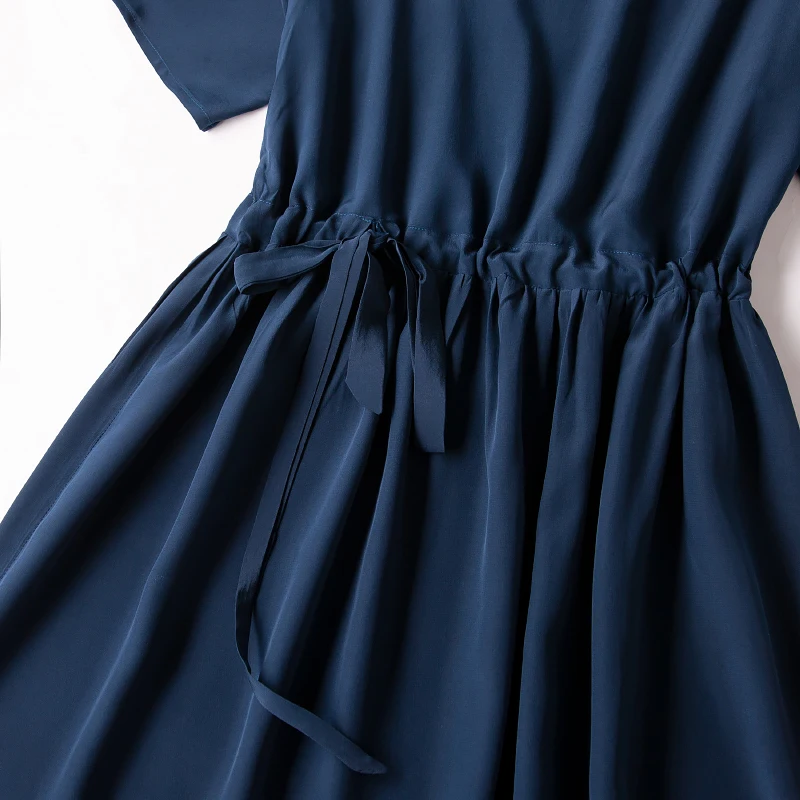 Женское платье с поясом 100% Настоящее шелковое креп темно синее простое длинное