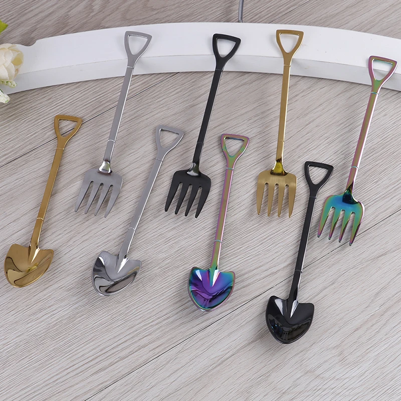 1PCS Shovel Shaped Dessert Forks Stainless Steel Coffee Tea Spoon Ice Cream Sugar Teaspoon Kids Interesting Toys Bar Home