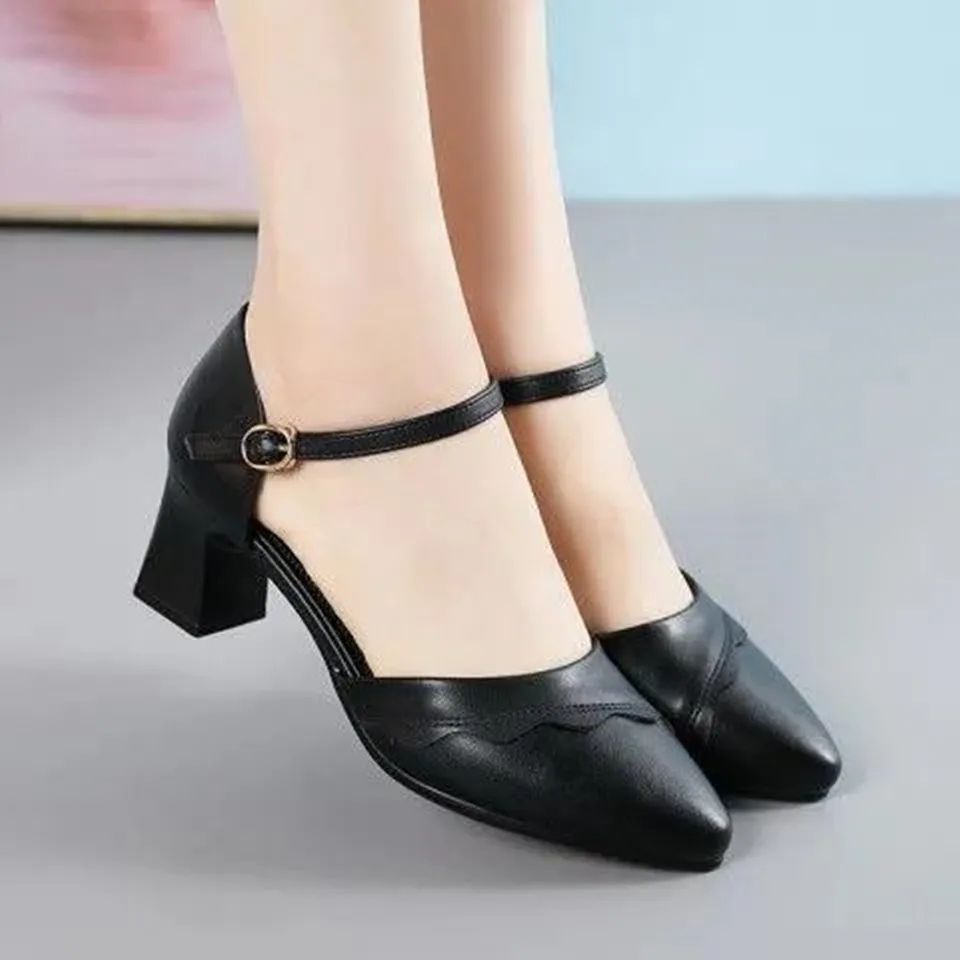 

Женские Классические черные туфли с острым носком из искусственной кожи, летние туфли на высоком каблуке с пряжкой, женские повседневные и ...