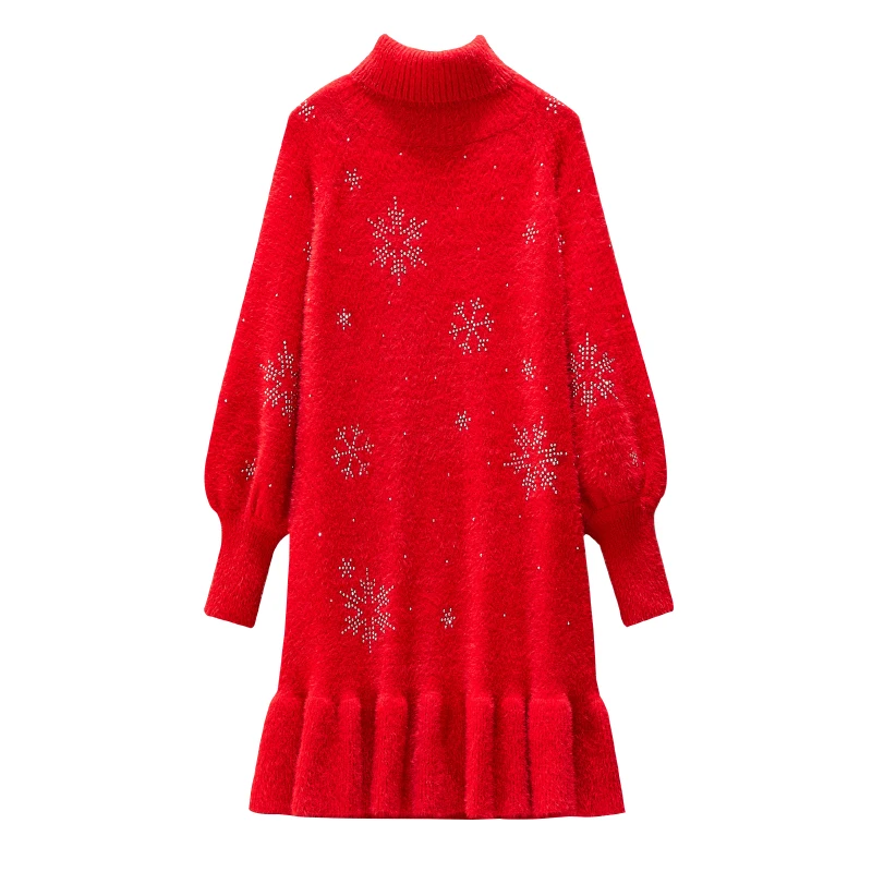 

2020 New Winter Snowflake Christmas Turtle-Neck Sweater Dress Long Section Of Loose Temperament Women 's