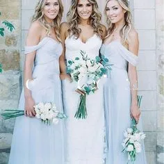 

Amsale 2021 Gorgeous Draped Sky Blue Off-shoulder Beach Boho Long Bridesmaid Dresses Bohemian Wedding Party Guest