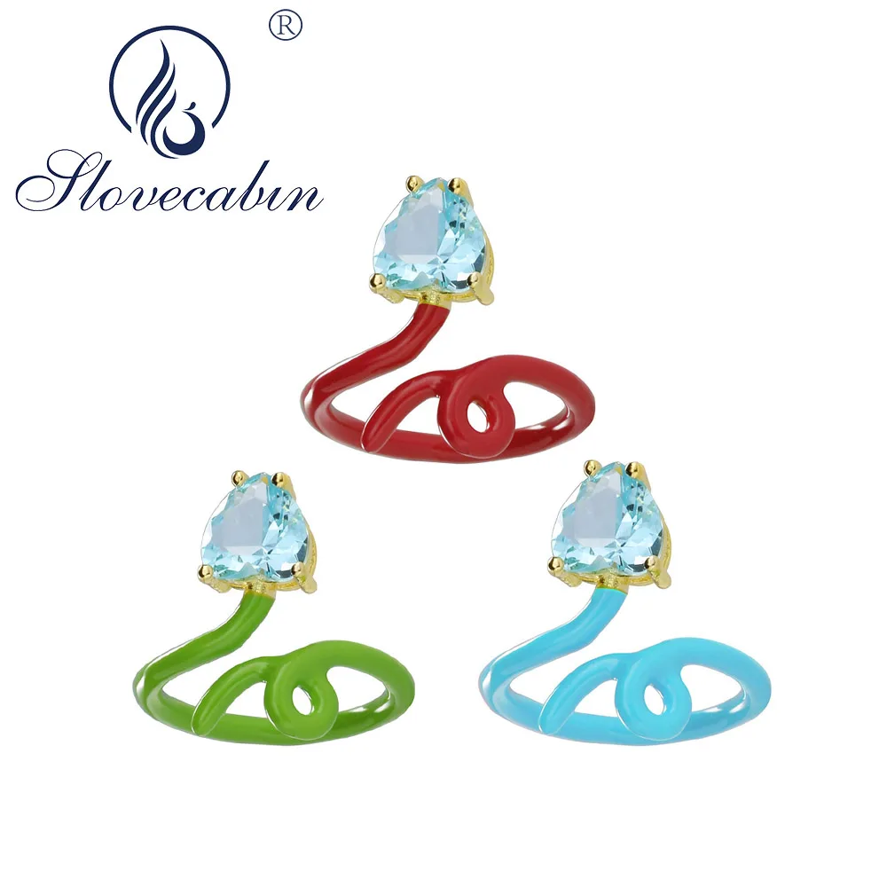 

Slovecabin Pure 925 Sterling Silver Colorful Enamel Blue CZ Crystal Finger Wedding Ring For Women Open Adjusted Wire Wrap Rings
