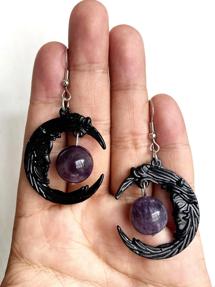 

Goth Purple Crystal Stone Black Moon Crescent Earrings Dark Style Pendant Wiccan Amulet Gift For Women Friends