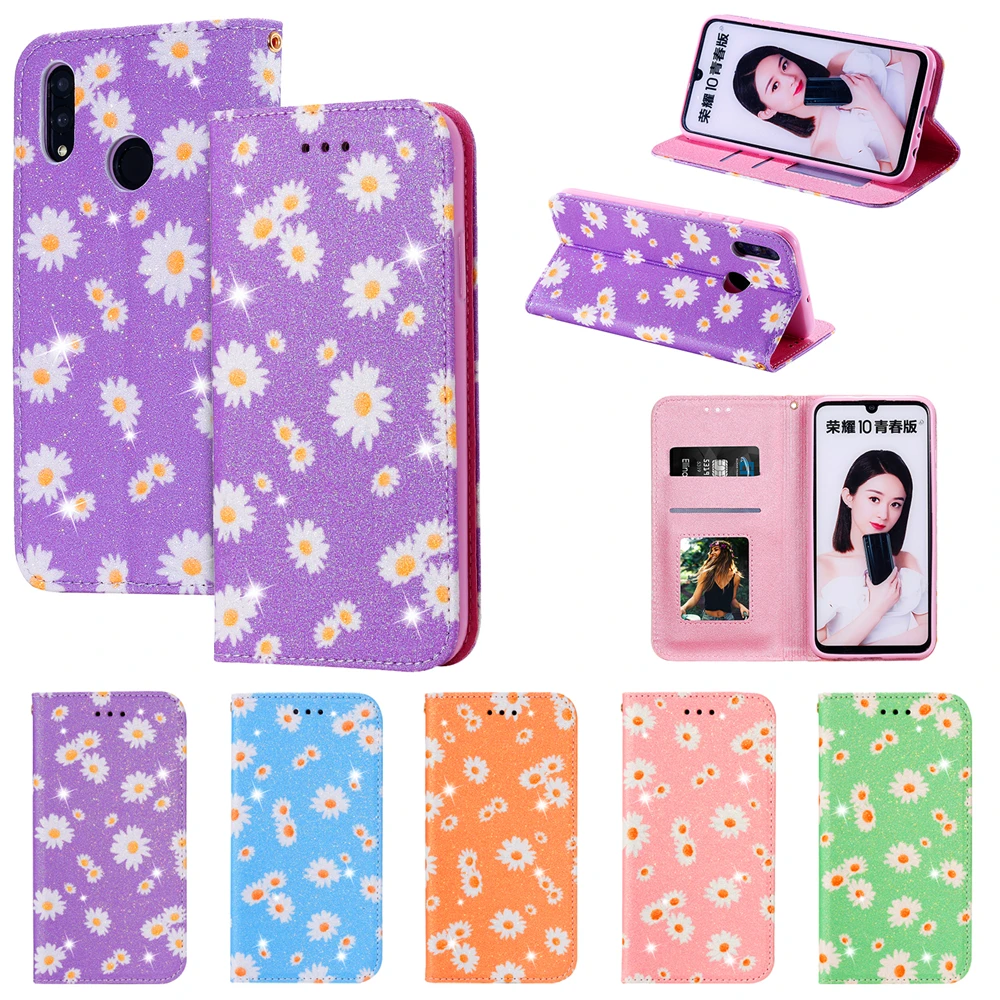 

Senior Glitter daisy Flip Case For Huawei P40 Lite E Y5P Y6P Y6S Y7P Y8P P smart Z S 2020 Y6 Pro Y9 Prime 2019 Wallet Cover Case