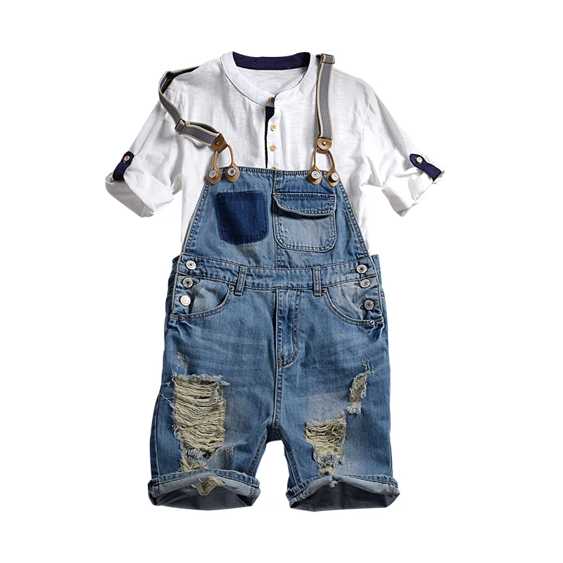 

The new tooling denim shorts men and women ripped holes washed overalls couples five-point pants suspenders