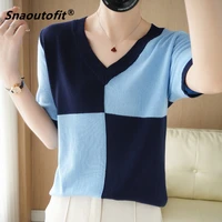 2021 summer new female fashion contrast color v neck t shirt thin half sleeved pure cotton thread base knitted pullover top hot