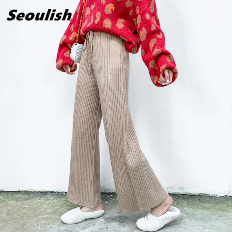 

Осенне-зимние вязаные женские свободные брюки Seoulish с широкими штанинами, новинка 2021, повседневные эластичные трикотажные женские брюки на ...