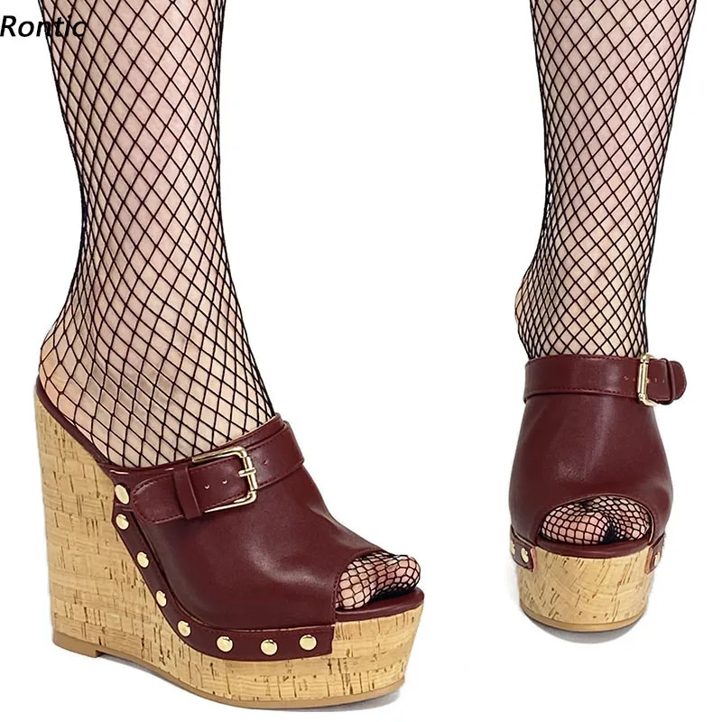 

Rontic Handmade Women Platform Mules Sandals Sexy Buckle Studs Wedges Heels Peep Toe Elegant White Party Shoes US Size 5-20