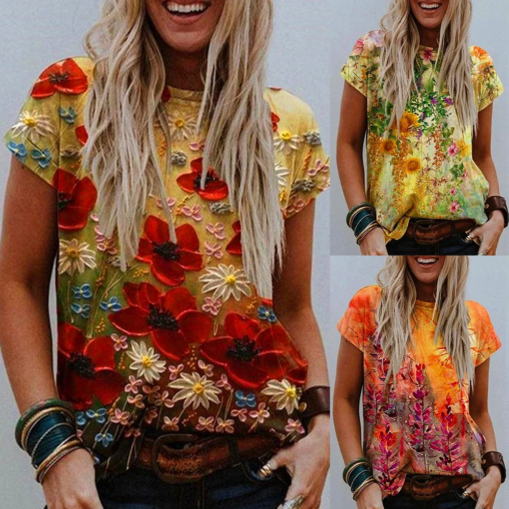 

Flower Printed Ladies T-Shirt Tshirt Tops Summer Short Sleeve 4 Style Round Neck Women T-Shirt Tee Shirt Casual Tie Dye Top D30