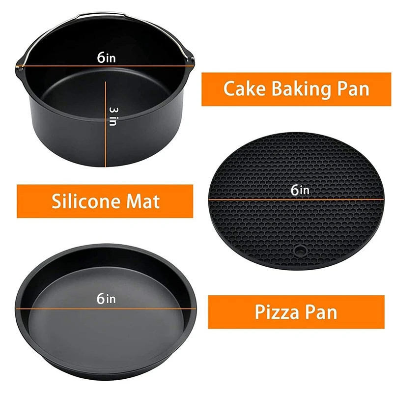

6inch Air Fryer Accessories Cake Baking Pan Pizza Pan Grill Rack Fit All 3.2QT - 5.8QT Airfryer, Set of 5