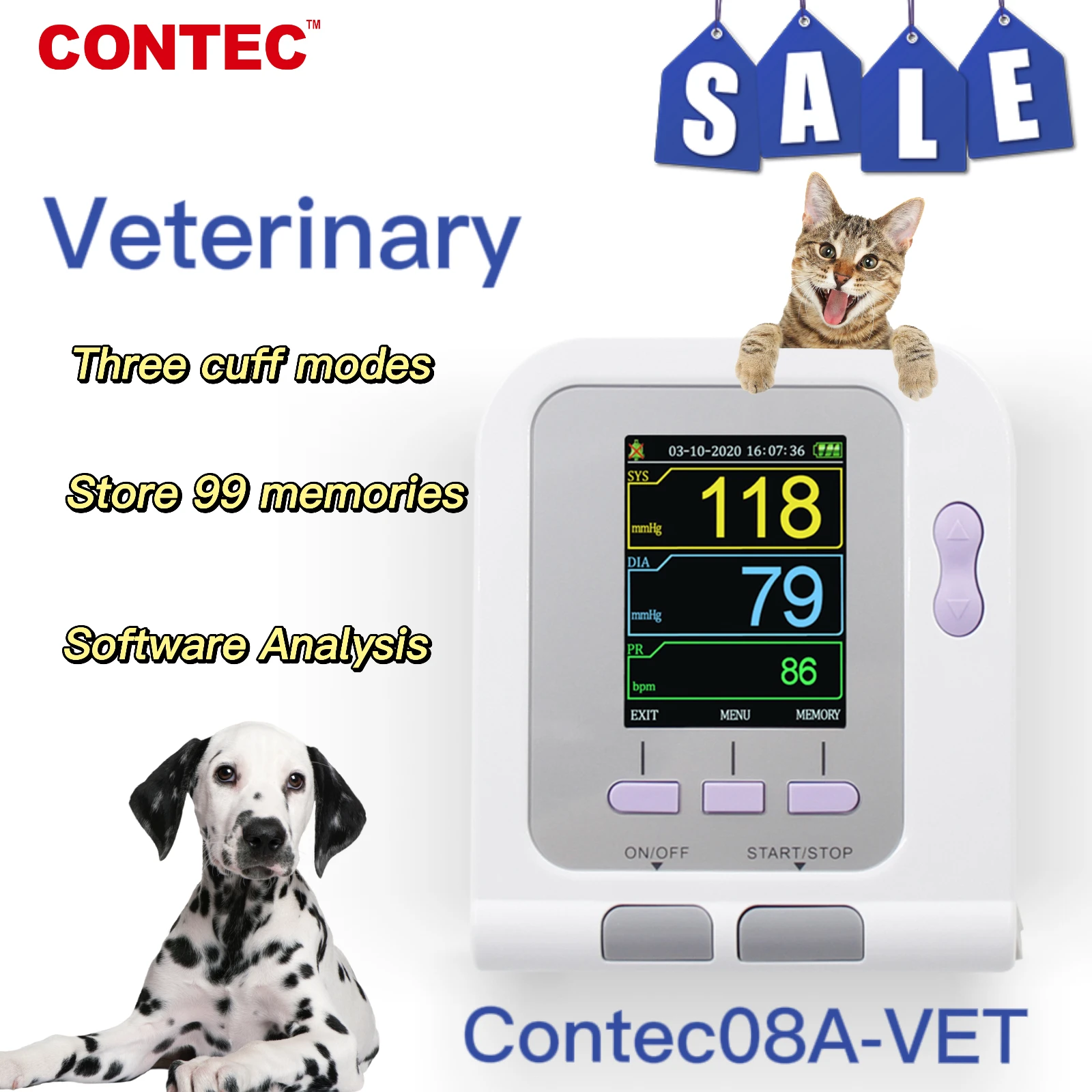 CONTEC CHN&RU&USA  Vet Veterinary OLED Digital Blood Pressure & Heart Beat Monitor NIBP CONTEC08A-VET Free shipping